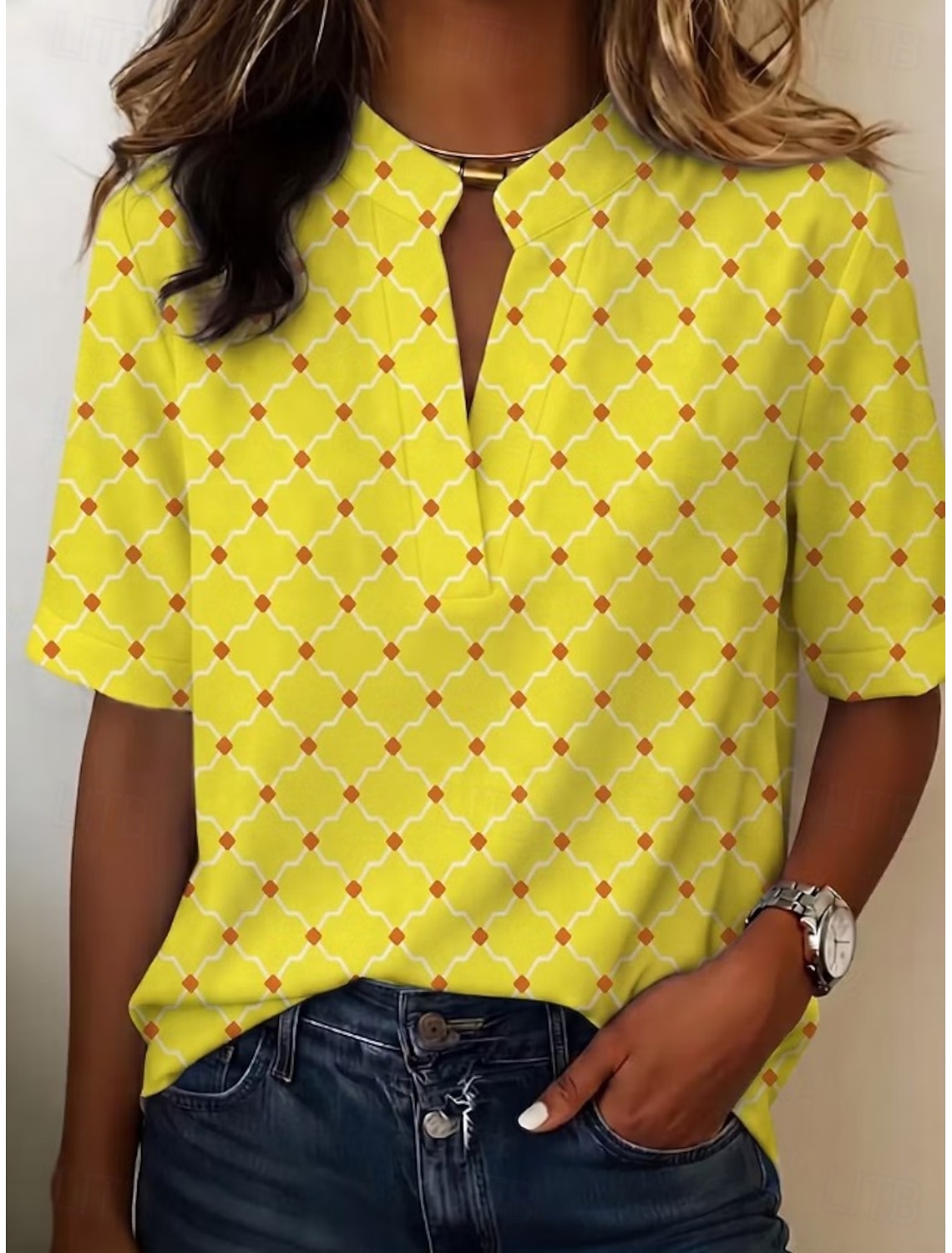 Women's Blouse Buttons Print Graphic Geometric Vintage Stylish Modern Short Sleeve Shirt Collar Regular Tops Casual Daily Blue Yellow Summer Spring