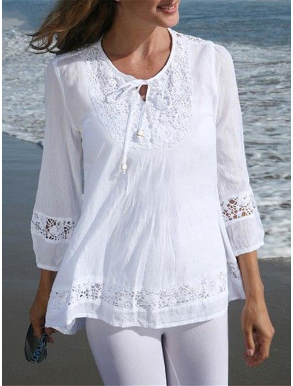 Women's Shirt Cotton Blend Lace Shirt Blouse Lace Patchwork Plain Basic Modern 3/4 Length Sleeve Crew Neck Regular Tops Casual Black White Wine Navy Blue Summer Spring