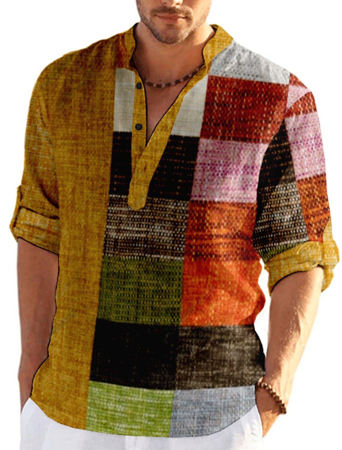 Men's Plaid / Check Patchwork Geometric Pattern Shirt Button Up Shirt Long Sleeve Fashion Streetwear Designer Casual Going out Summer Spring Fall Stand Collar Print Blue Khaki Khaki+Khaki Black White