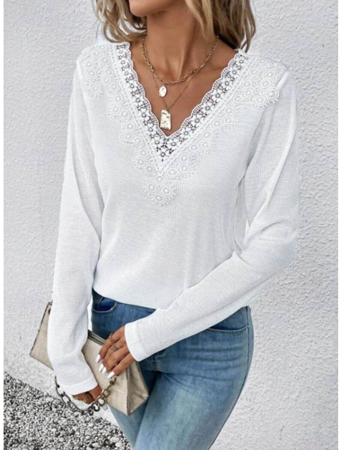 Women's Elegant Lace Tops Eyelet Blouse Casual Lace Long Sleeve Regular Tops V Neck Daily Romantic Petite Tops Summer Holiday Wear Spring Fall Semi Formal Blouses