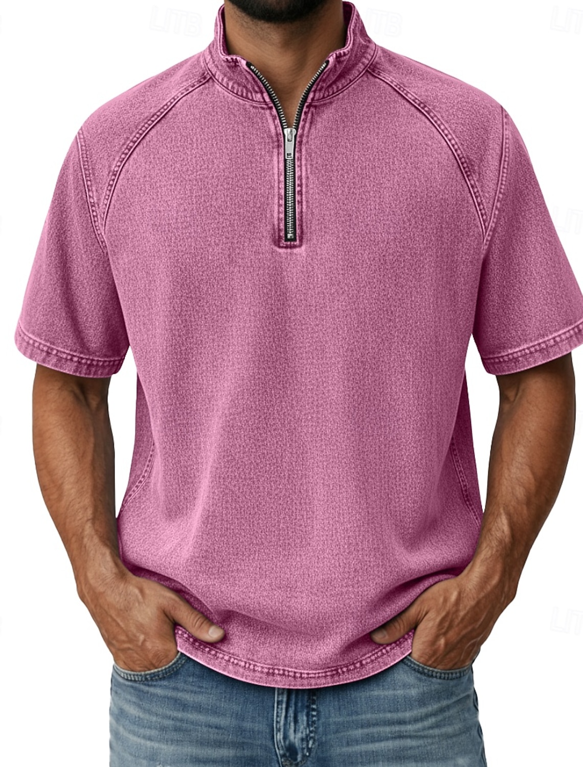 Men's Denim Shirt 100% Cotton Acid Wash Tee Top Short Sleeve Stand