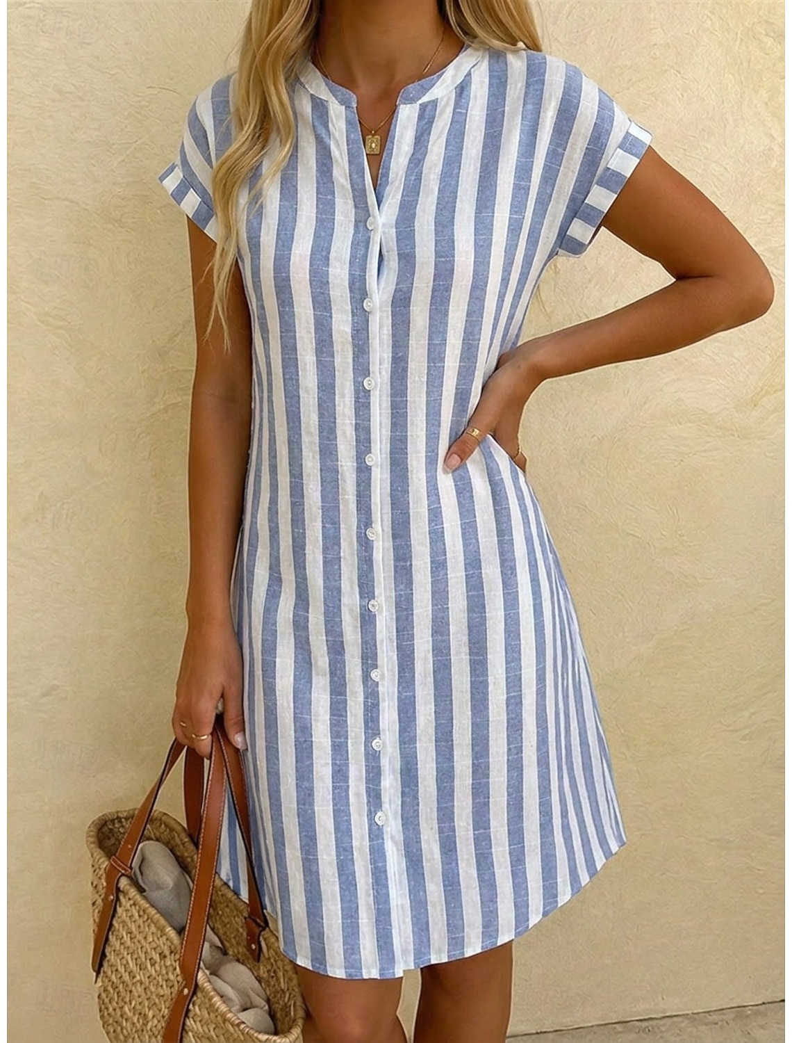 Women's Knee Length Dress Shirt Dress Casual Dress Striped Dress Elegant Fashion Daily Vacation Regular Fit Striped Short Sleeve Mandarin Collar Red Navy Blue Gray Light Blue Summer Spring