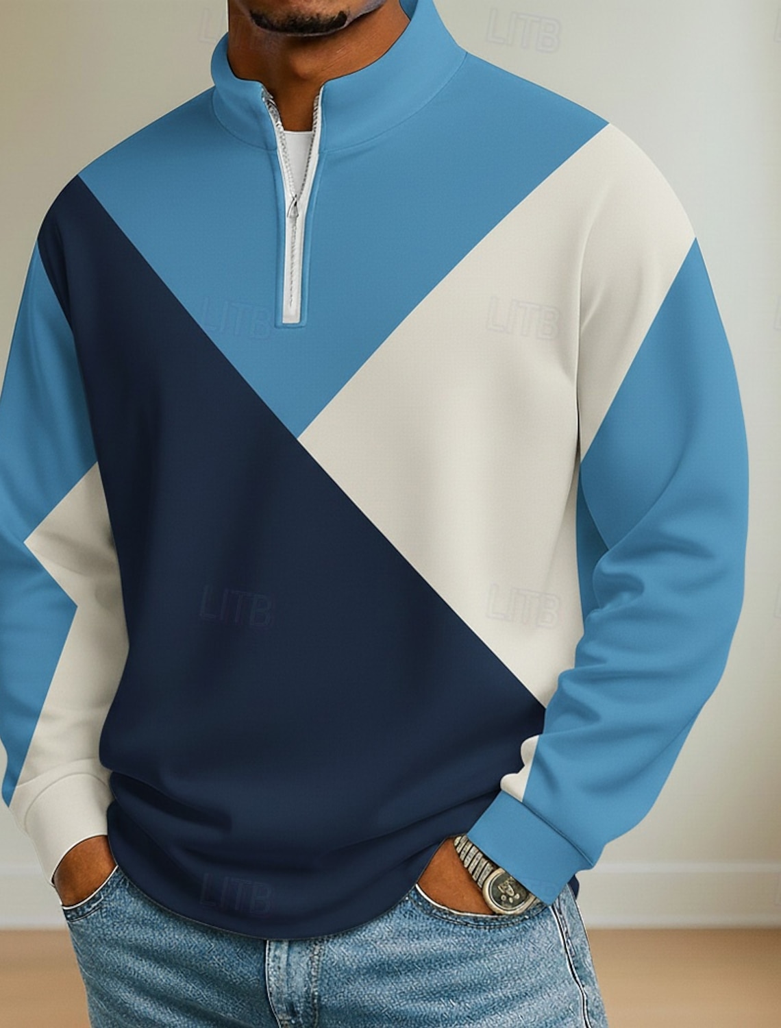 Men's Color Block Geometic Polo Long Sleeve Standing Collar Athleisure