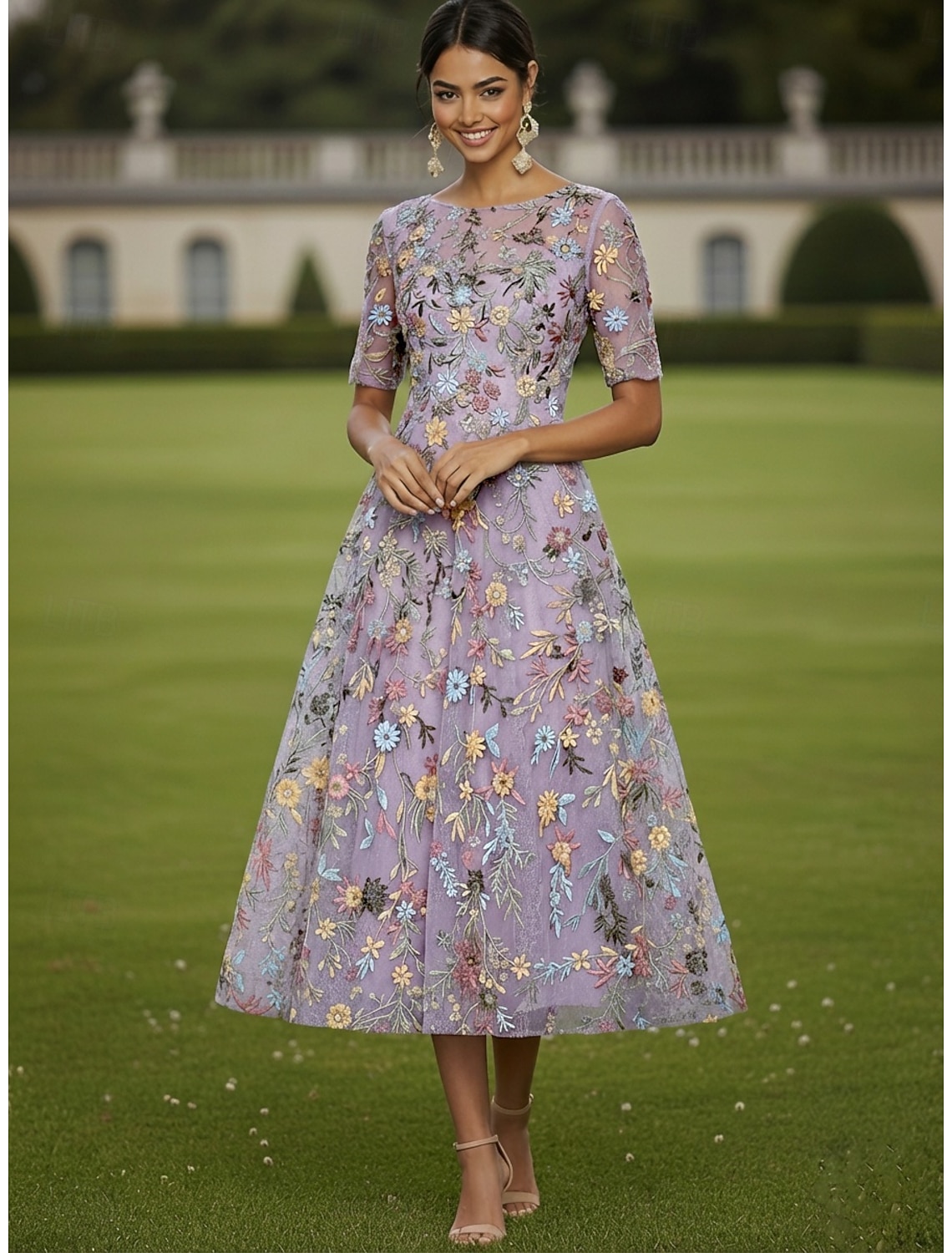 A-Line Dress Tea Length Cocktail Dress Wedding Guest Dress Mother of the Bride Dress Half Sleeve Crew Neck Boat Neck Elegant Casual Formal Kentucky Derby Semi Formal Tulle with Embroidery Appliques