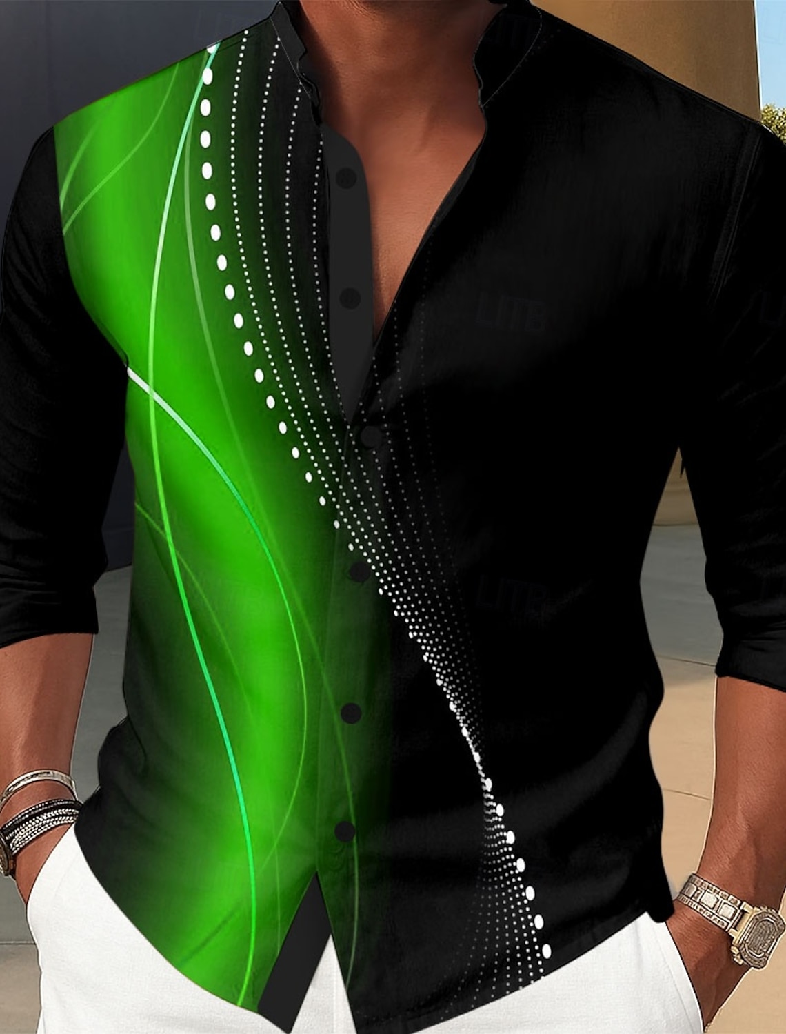 Men's Geometric Gradient Waves Shirt Stand Collar Long Sleeve Fashion