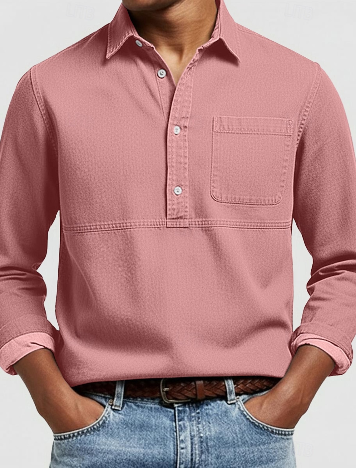 Men's Popover Shirt Oxford Pink Navy Blue Dark Gray Light Long Sleeve
