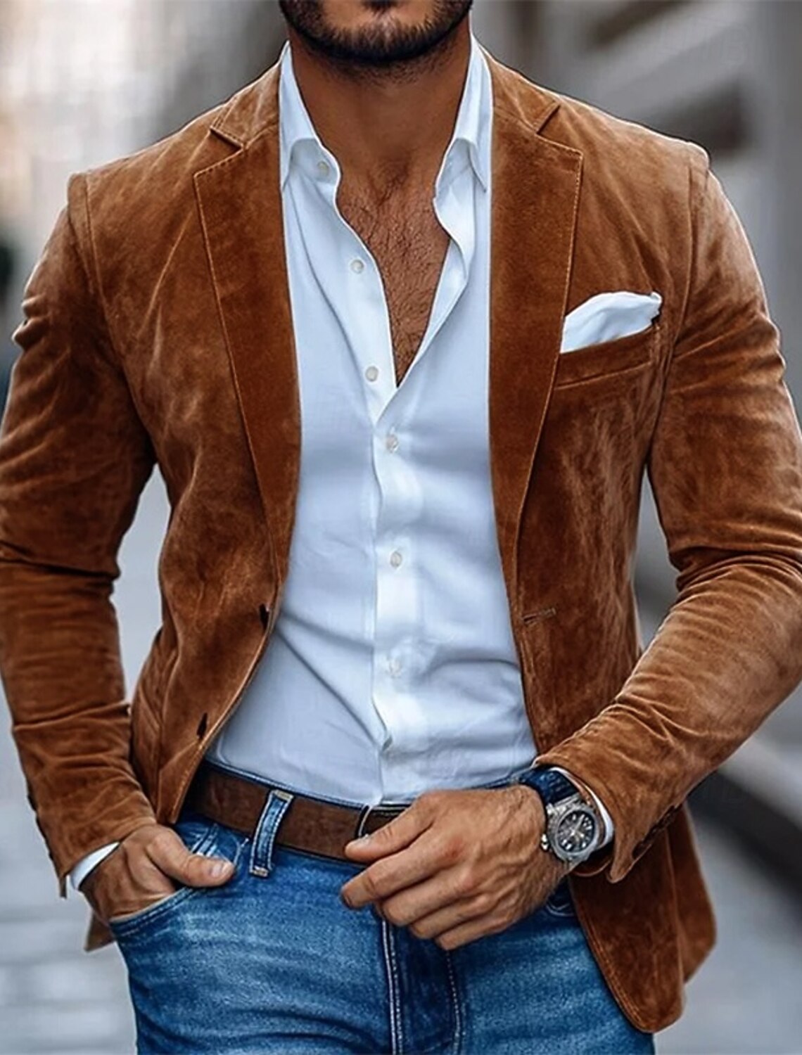 Men's Faux Suede Blazer Jacket Casual Business Work Elegant Vintage