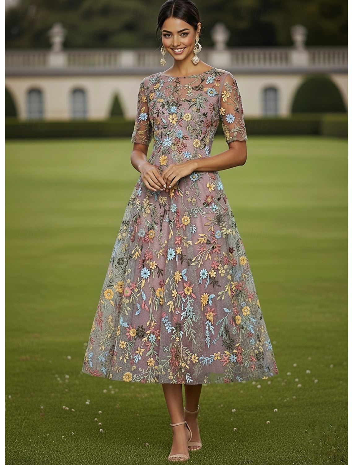 A-Line Dress Tea Length Cocktail Dress Wedding Guest Dress Mother of the Bride Dress Half Sleeve Crew Neck Boat Neck Elegant Casual Formal Kentucky Derby Semi Formal Tulle with Embroidery Appliques