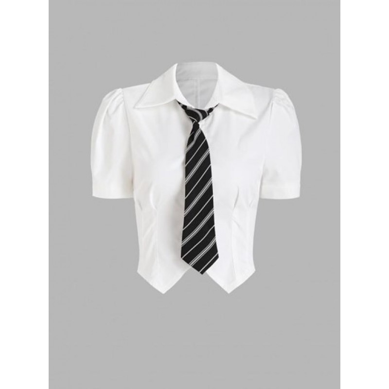 Short Puff Sleeves Slim Shirt With Striped Necktie VA8918