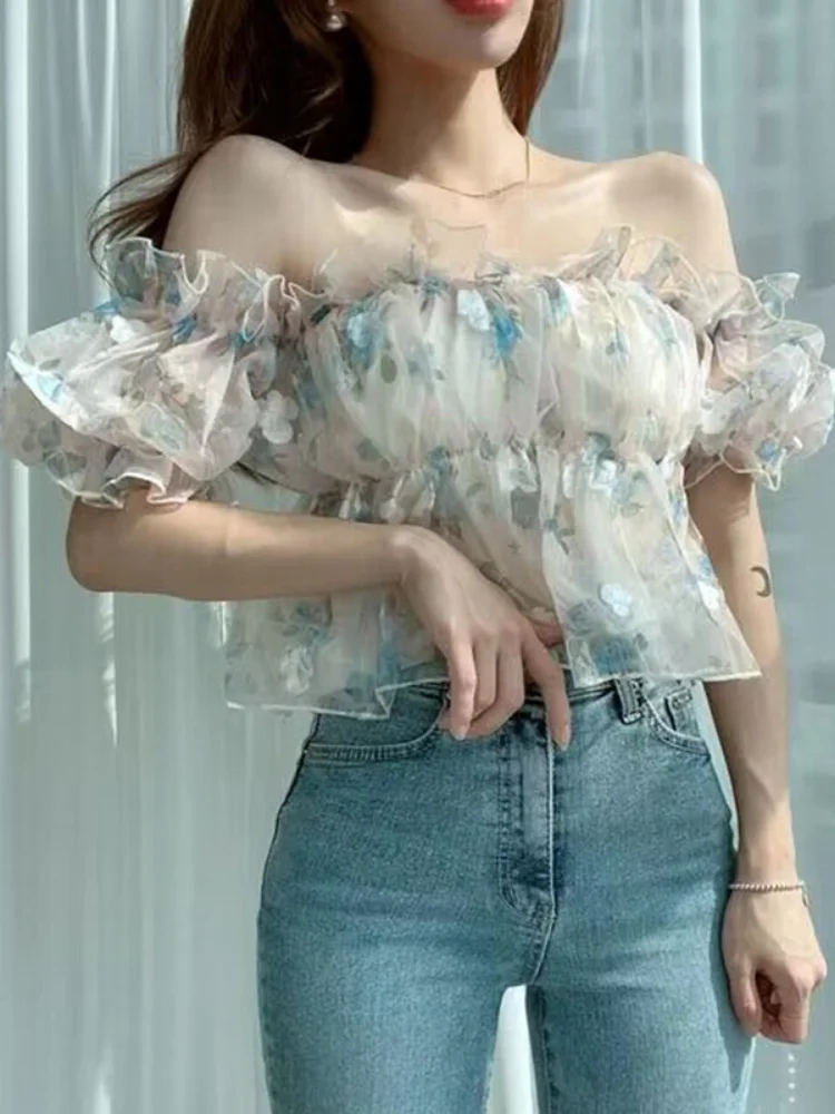 Floral Print Ruffle Puff Sleeve Peplum Blouse VW5778