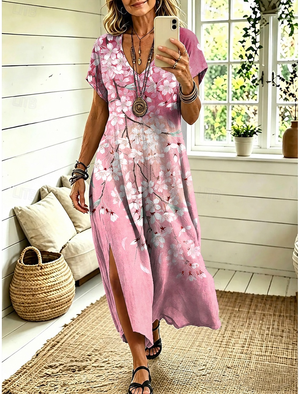Women's Midi Dress A Line Dress Casual Loose Fit Floral Abstract Short Sleeve V Neck Blue Red Sky Blue Green Summer Spring