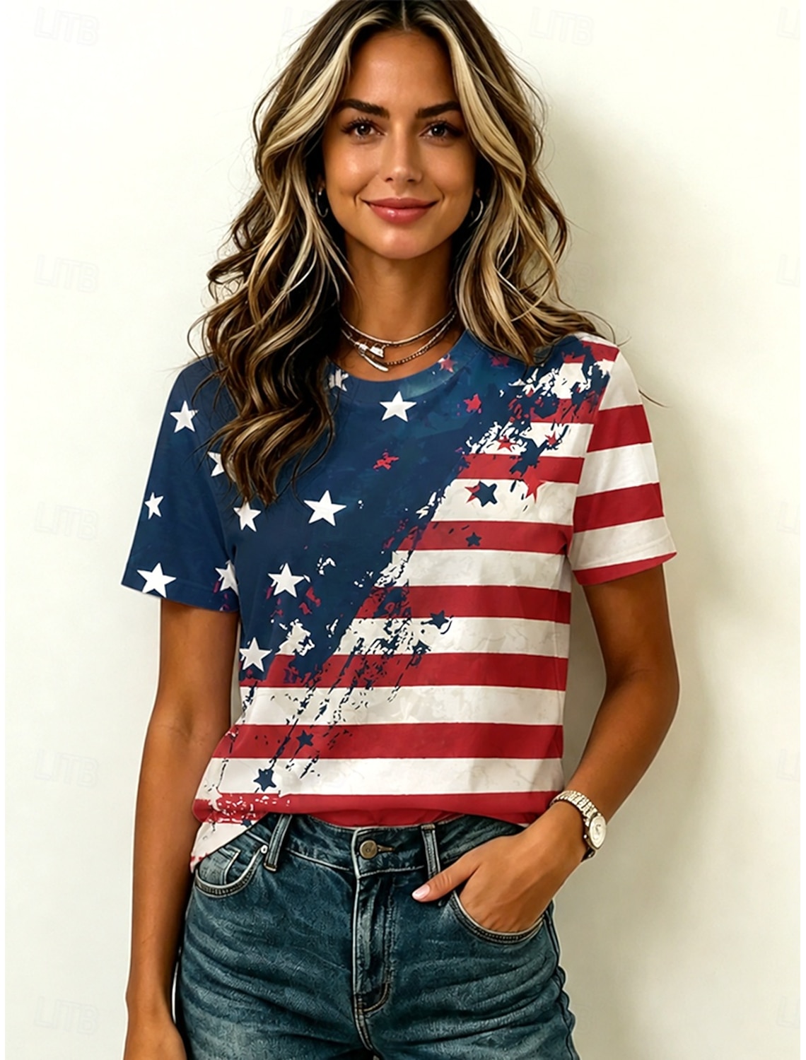Independence Day Patriotic Women's T Shirt V Neck Long Sleeve Tunic Geometric National Flag Elegant Vintage Stylish Regular Tops Daily Weekend Print Red Navy Blue Blue Spring Prefall