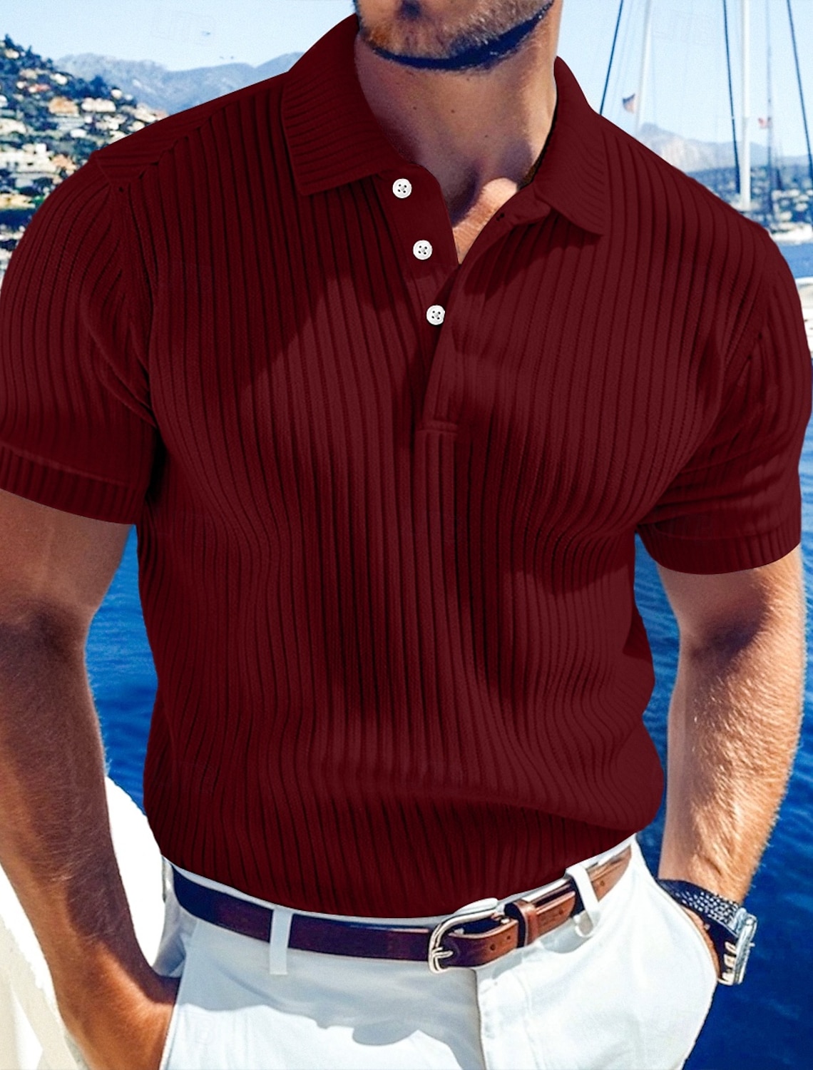 Men's Rib Knit Top Textured Casual Work Lapel Ribbed Polo Collar Short