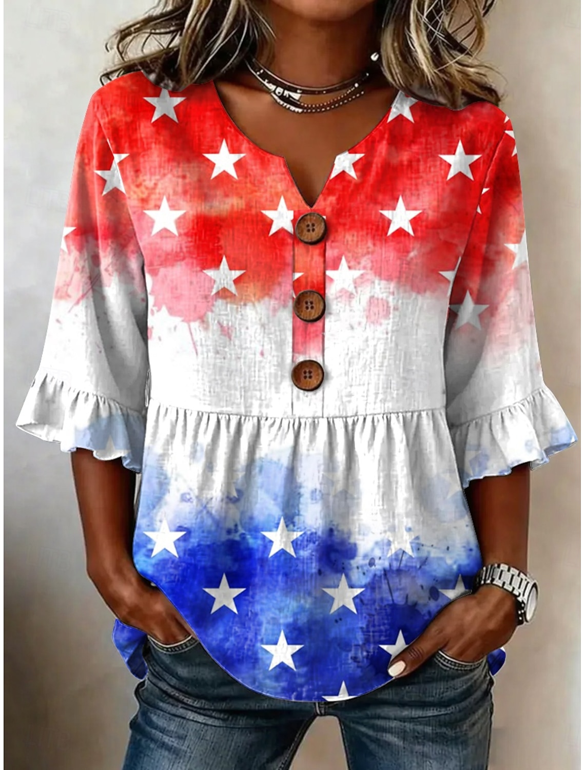 American Independence Day Women's Blouse Patchwork Buttons Print Graphic American Flag Vintage Stylish Half Sleeve V Neck Regular Tops Casual Daily Holiday Blue Red Summer Spring