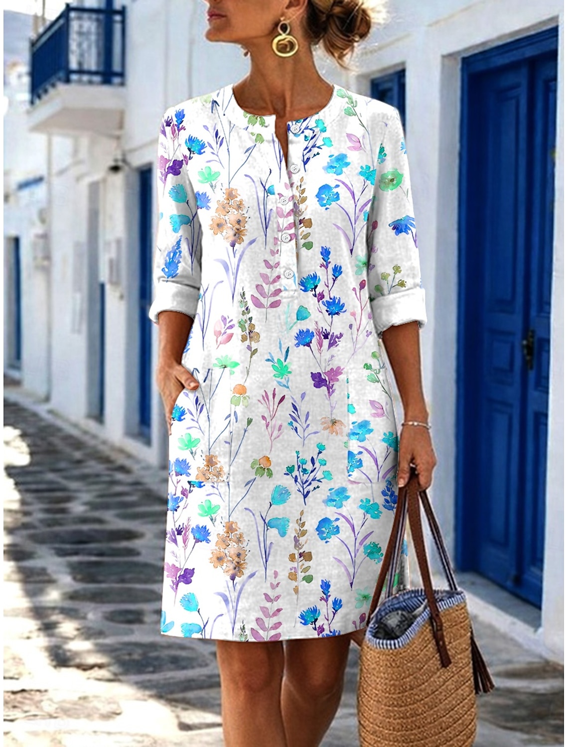 Women's Midi Dress Linen-feel Dresses Shift Dress Casual Daily Regular Fit Plain Long Sleeve Crew Neck Blue Black White Royal Blue Summer Spring Fall