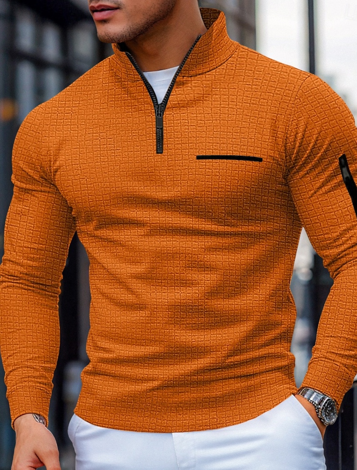 Men's Waffle Polo Shirts Zip Casual Holiday Quarter Short Sleeve