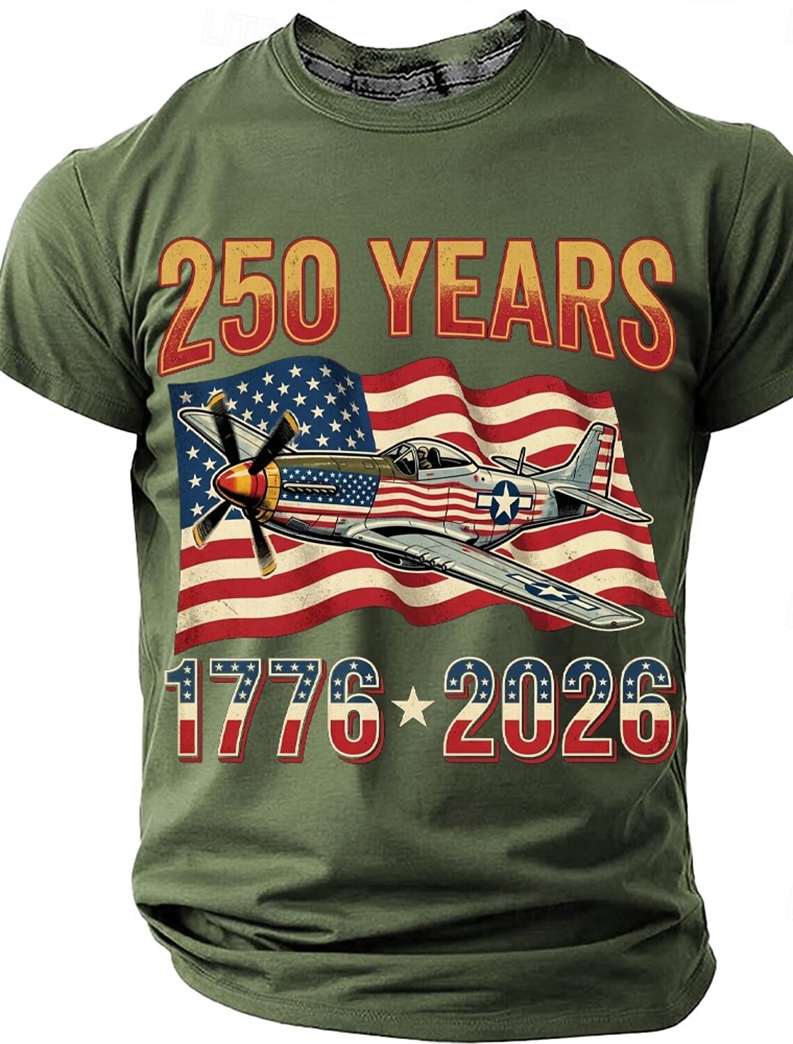 250th Anniversary July 4th 2026 Men's 250 Years 1776-2026 P-51 Mustang Fighter Plane Graphic T Shirt Short Sleeve Crew Neck Patriotic USA Flag Aviation Veteran Gift Designer Clothing Apparel