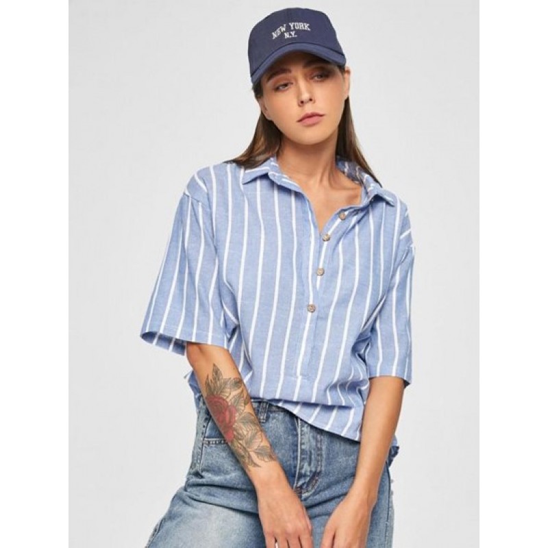Pinstriped Drop Shoulder Button Placket Blouse BD2397