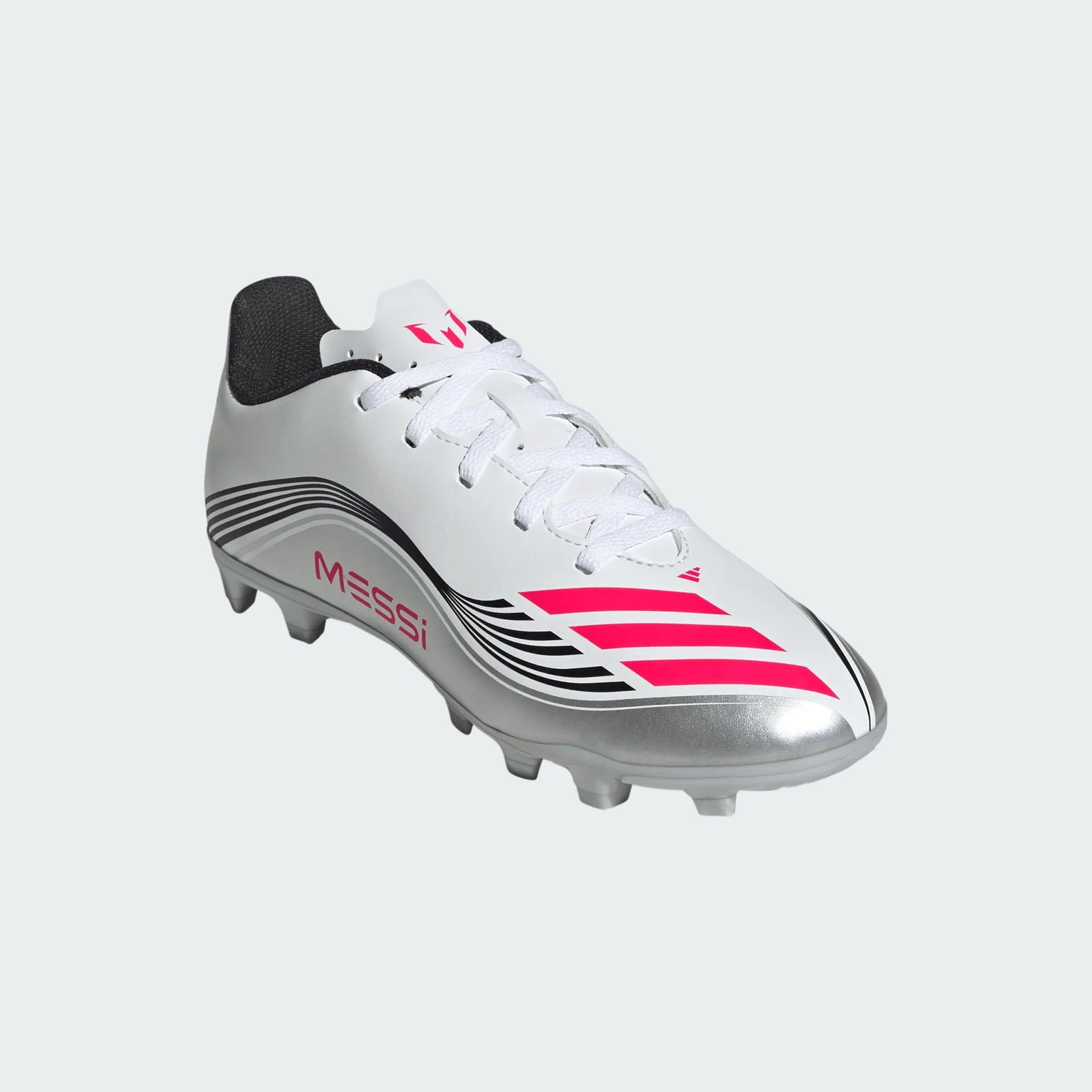 adidas Youth F50 Messi Club FG/MG Junior Soccer Cleats (White/Lucid Red/Silver Metallic)