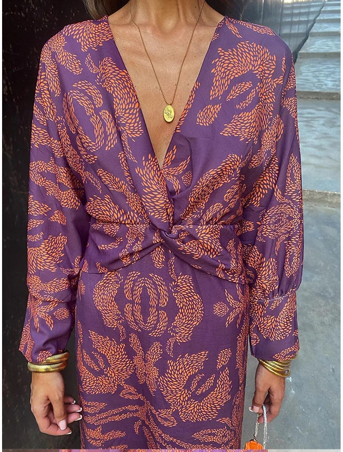 Women's Graphic Print V Neck Maxi Dress Long Sleeve Spring Fall