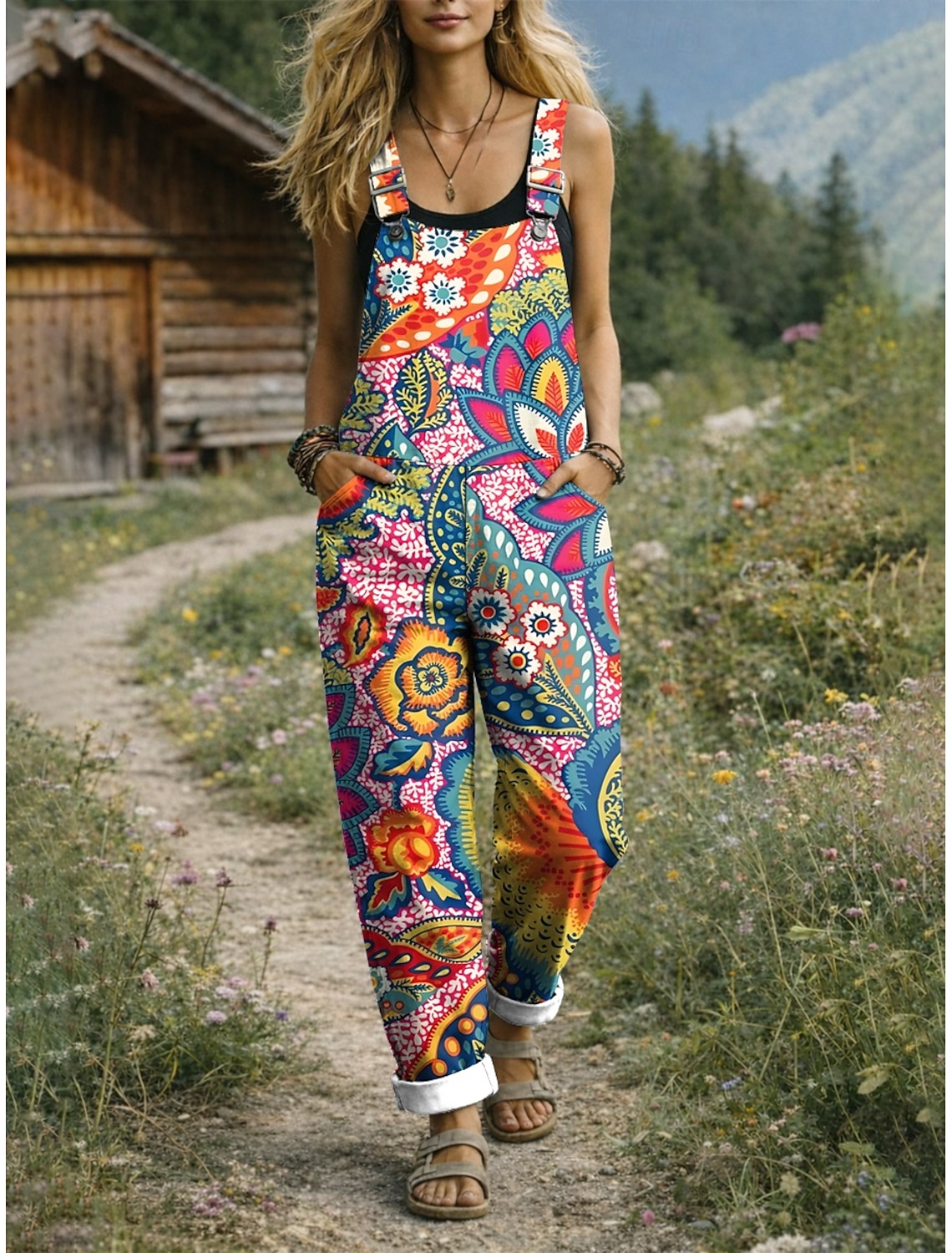 Women's Dungarees Active Floral Sleeveless Straight with Pocket Daily Vacation Loose Fit Blue Yellow Red Summer