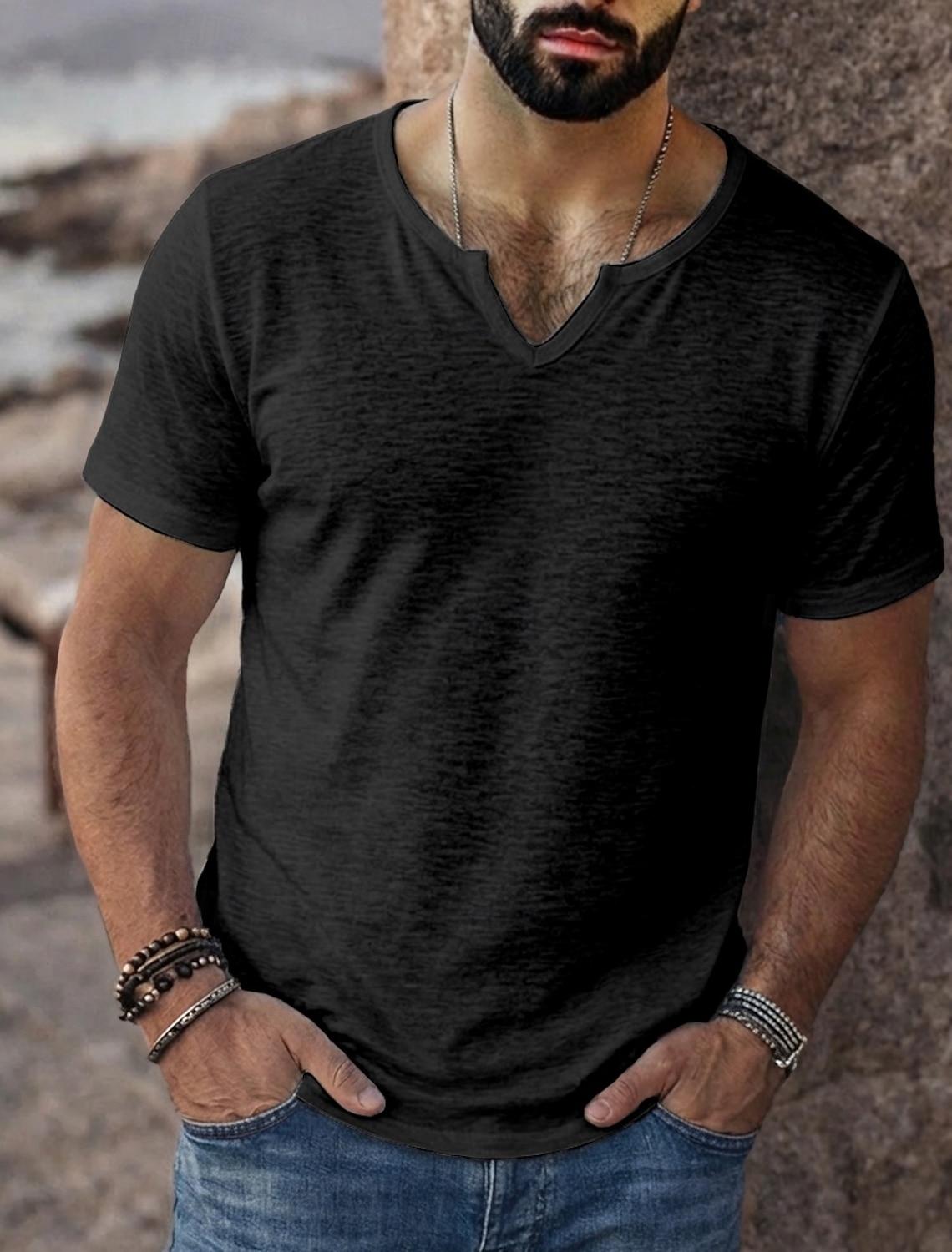 Men's T Shirt Short Sleeve Shirt Tee Top Linen T-Shirt Short Sleeve V Neck Summer Spring Solid Color Plain Pit Strip Streetwear Stylish Casual Plain Casual Daily Outdoor Black White Purple Top Tee