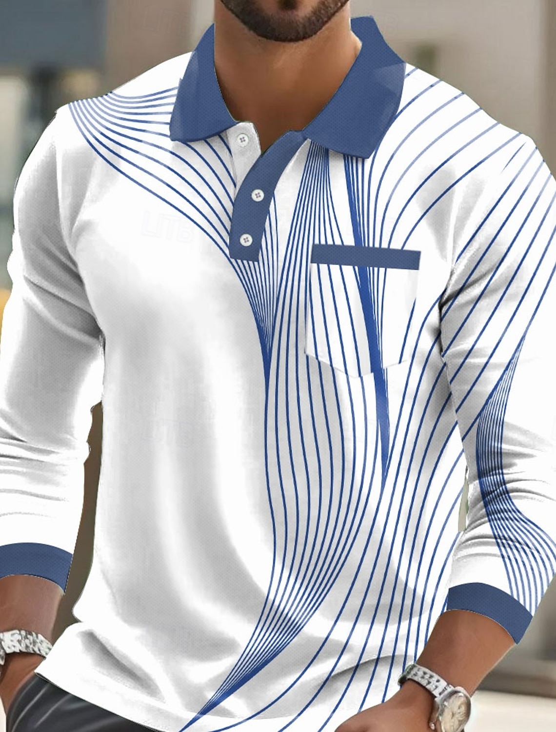 Men's Geometric Polo Long Sleeve Shirts Collared Business Casual