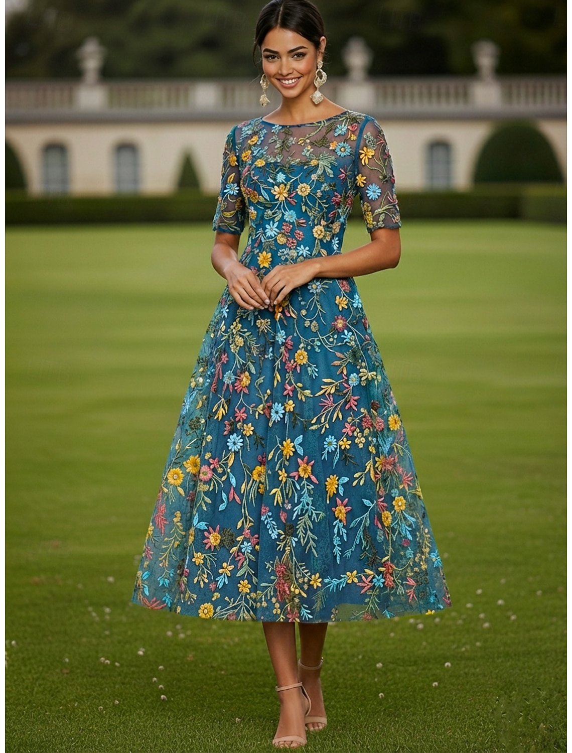 A-Line Dress Tea Length Cocktail Dress Wedding Guest Dress Mother of the Bride Dress Half Sleeve Crew Neck Boat Neck Elegant Casual Formal Kentucky Derby Semi Formal Tulle with Embroidery Appliques