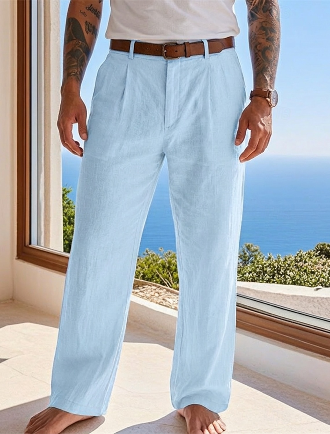 Men's Cotton Linen Pants Trousers Summer Pants Baggy Pants Beach Pants Pocket Solid Color Comfort Breathable Full Length Casual Daily Outdoor Vacation Fashion Blue Black Inelastic