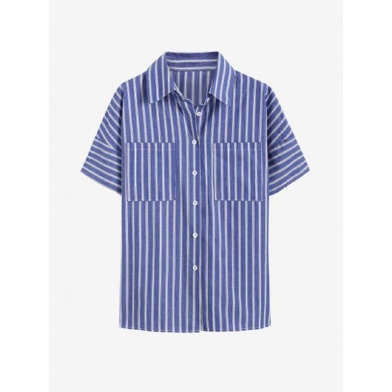 Vertical Stripes Front Pockets Button Down Shirt WQ1326