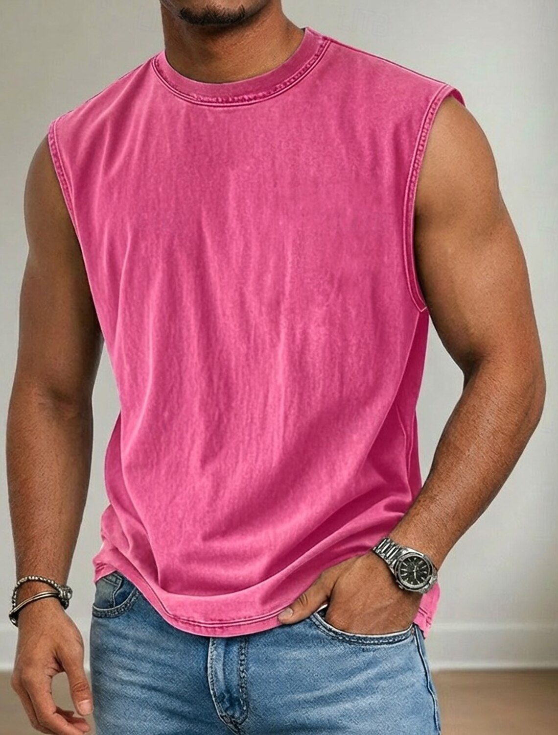 Men's Tank Top Acid Wash Vest Undershirt Sleeveless Shirt Crew Neck