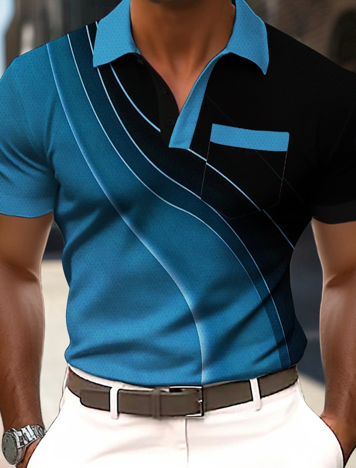 Men's Geometric Line Polo Short Sleeve Shirts Collared Business Casual