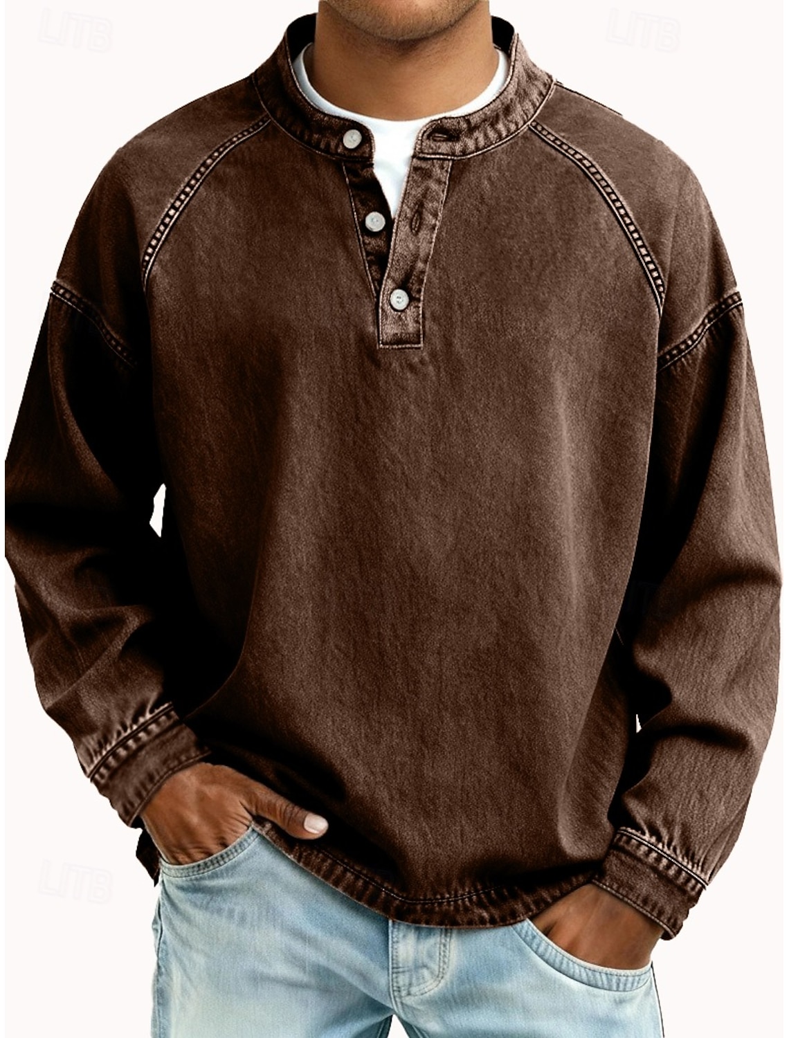 Men's T Shirt Henley Shirt 100% Cotton Acid Wash Shirt Tee Top Long Sleeve Plain Vintage Streetwear Casual Washed Raglan Sleeves Stand Collar Henley Casual Home Street Spring Fall Fall & Winter Black