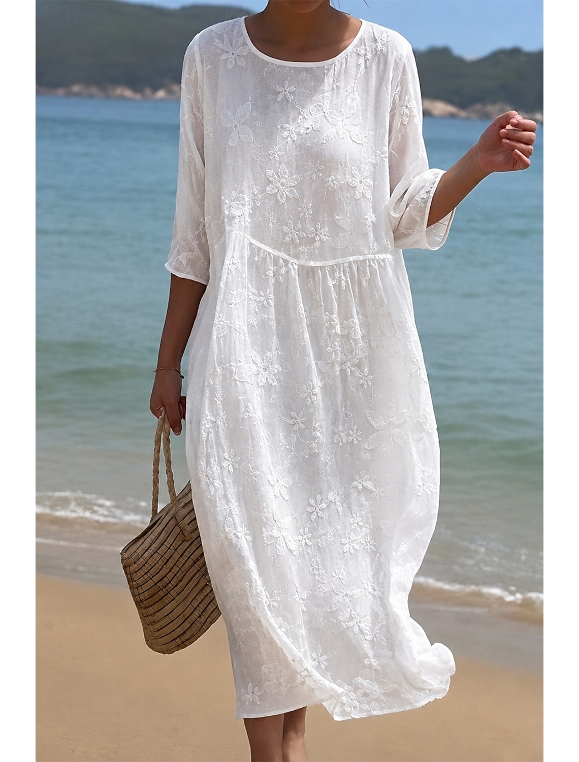 Women's Midi Dress Lace Dress White Dress Summer Dress Elegant Fashion Beach Vacation Holiday Loose Fit Floral Half Sleeve Crew Neck White Summer Spring