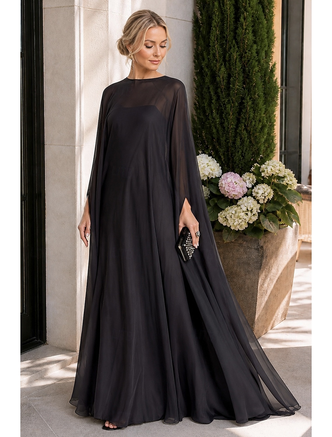 Sheath Evening Gown Empire Dress Formal Evening Sweep / Brush Train Long Sleeve Boat Neck Fall Wedding Guest Chiffon with Pleats dress to impress