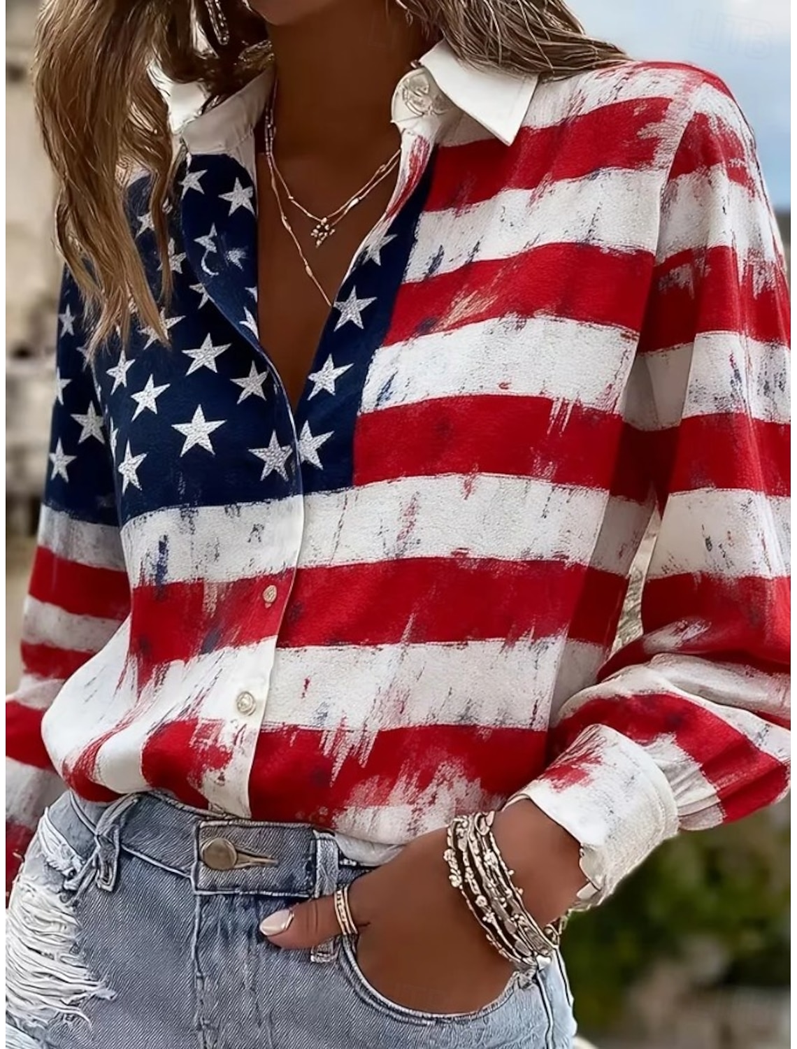 American Independence Day Women's Shirt Buttons Print Flag Stylish Modern Long Sleeve V Neck Regular Tops Daily Holiday Red Summer