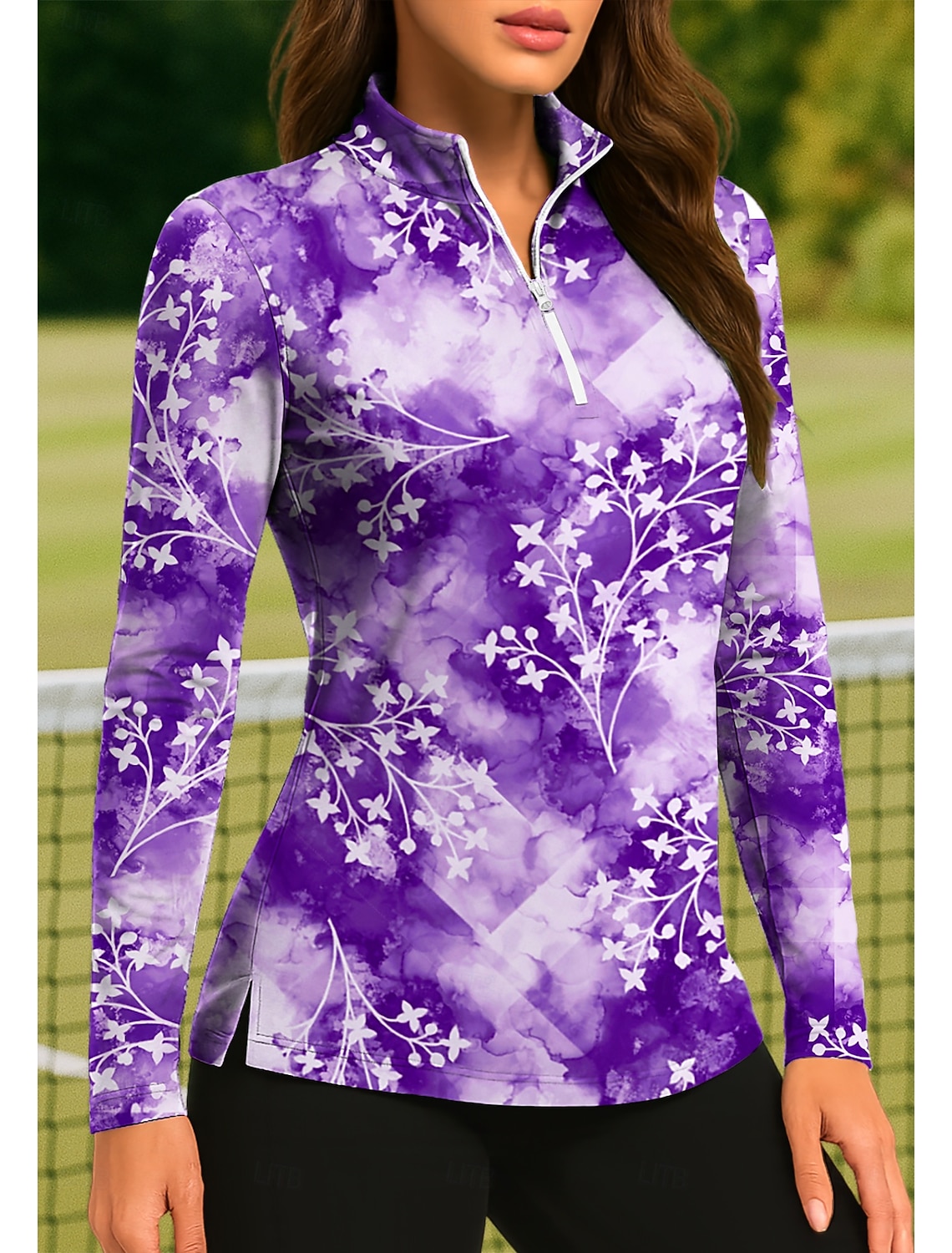 Women's Tie Dye Plants Tropical Floral Botanical Tops Golf Polo Shirt Tennis Shirt Tennis Tee Long Sleeve Print Quarter Zip Pullover UPF50+ UV Protection Elastic Breathable Tennis Golf Pickleball Zip