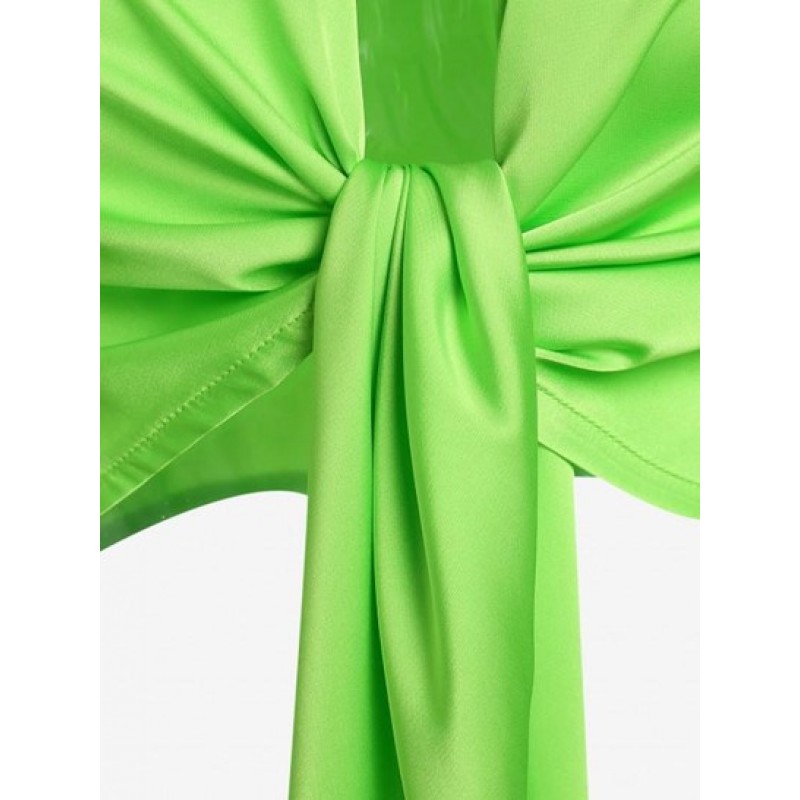 Feather Cuffs Tie Front Slit Crop Blouse LD1795