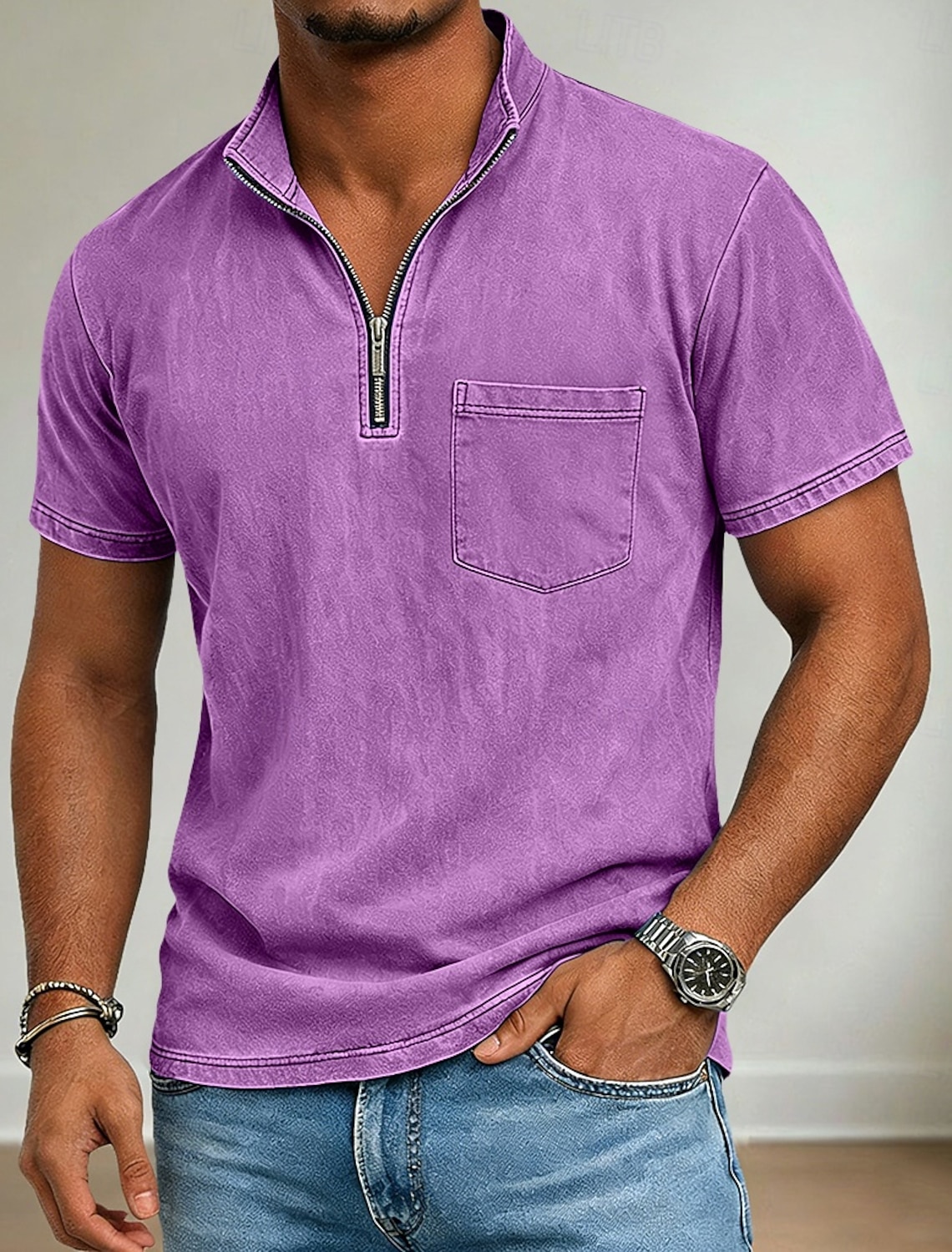 Men's T Shirt 100% Cotton Acid Wash Short Sleeve Quarter Zip Summer