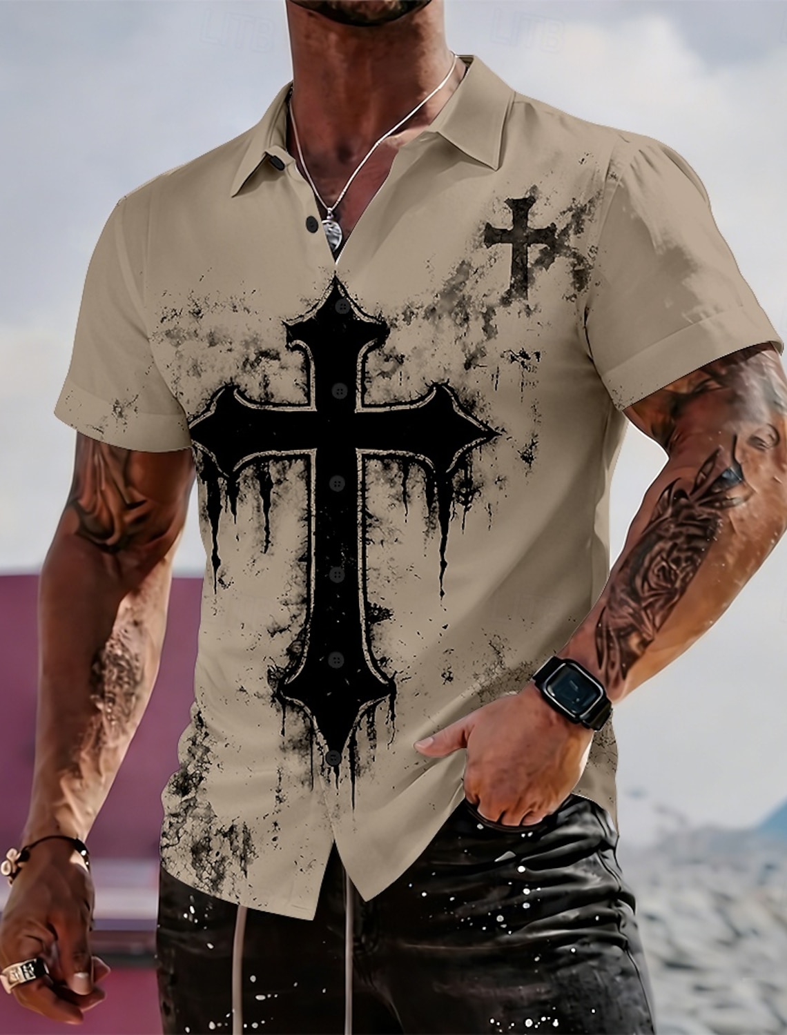 Men's Cross Religion Shirt Casual Shirt Button Up Shirt Long Sleeve Vintage Retro Streetwear Vacation Summer Spring Turndown 3D Print Collared Shirts Blue White Purple Khaki