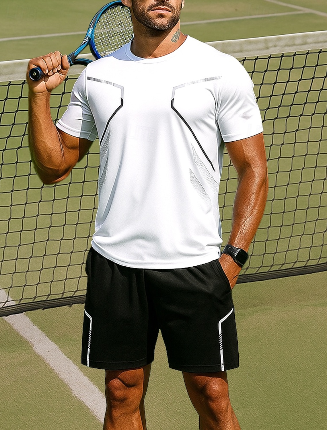 Men's Tennis Tee Short Sleeves Contrast Binding Sweat-Wicking Moisture Wicking Breathable Tennis Golf Pickleball Crew Neck Black White Tennis Clothing