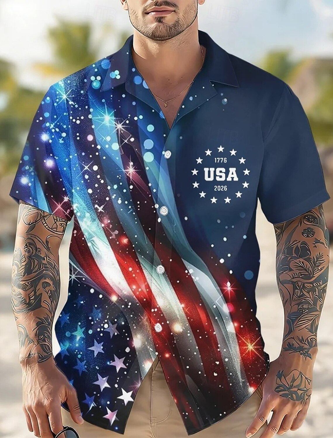 Independence Day Men's American US Flag Patriotic Fireworks Shirt Summer Shirt Button Up Shirt Short Sleeve Fashion Casual Holiday Summer Spring Turndown 3D Print Collared