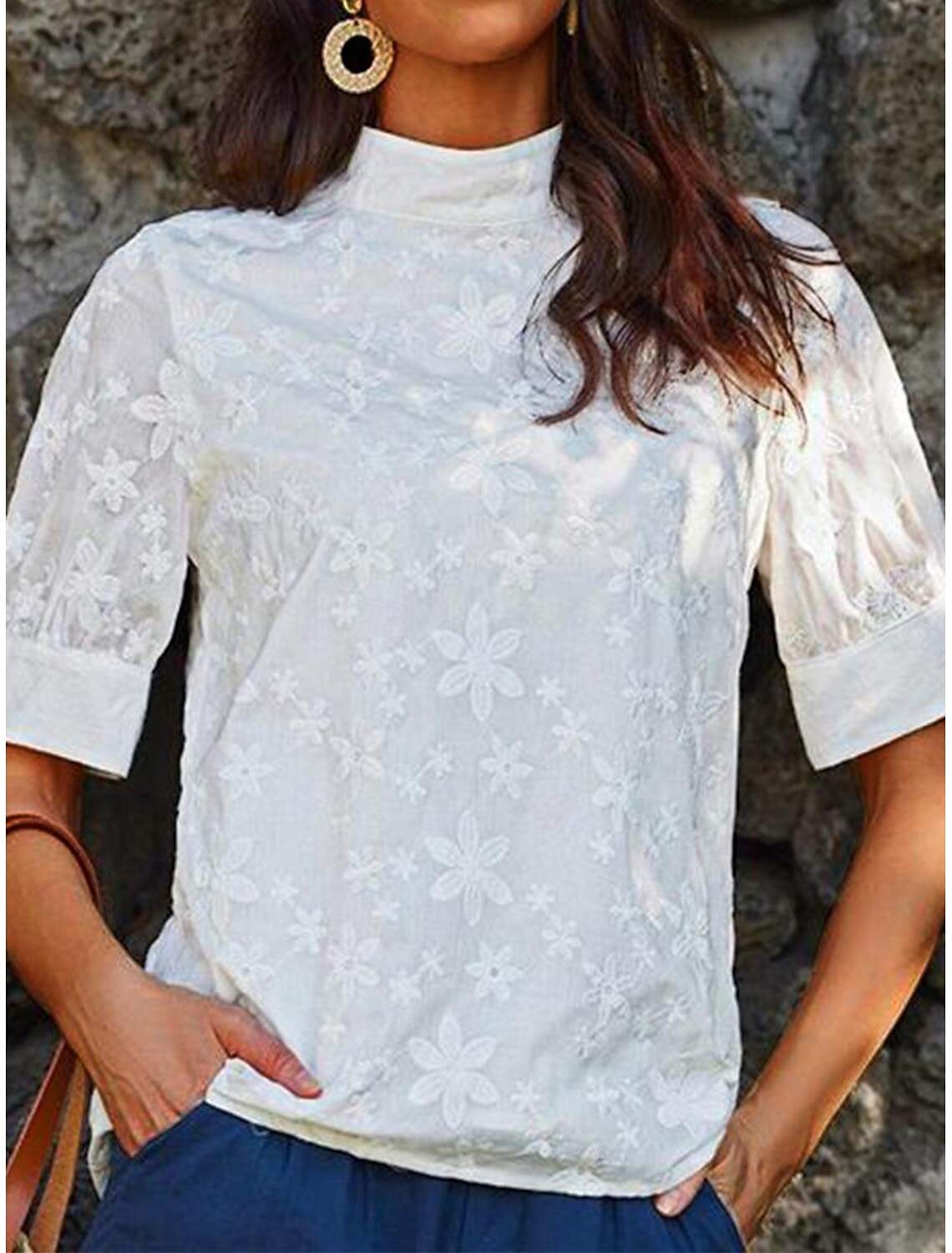 Women's Elegant Lace Tops Eyelet Blouse Turtleneck Dressy Tops Luxurious Floral Regular Tops Short Sleeve Embroidered Regular Fit Vacation Casual Romantic Petite Tops Summer Holiday Wear