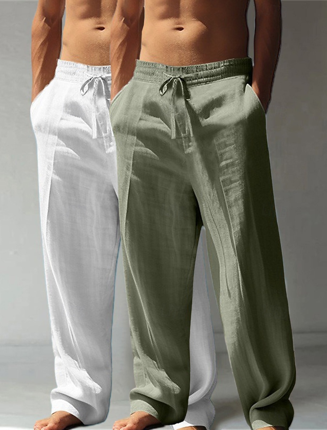 Men's Linen Pants Trousers Summer Pants Baggy Pants Beach Pants Drawstring Elastic Waist Straight Leg Plain Comfort Breathable Full Length Casual Daily Holiday Vacation Classic Style Green+Gray