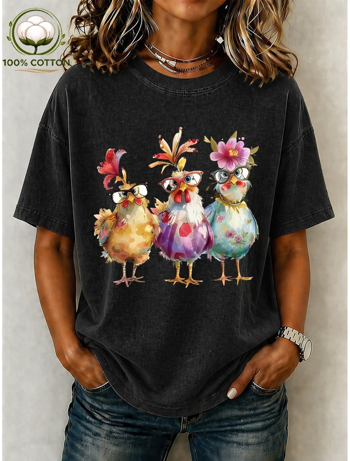 Women's 100% Cotton T Shirt Vintage Washed Tops Print Graphic Plants Stylish Basic Short Sleeve Crew Neck Regular Tops Casual Daily Blue Black Pink Purple Brown Summer Spring