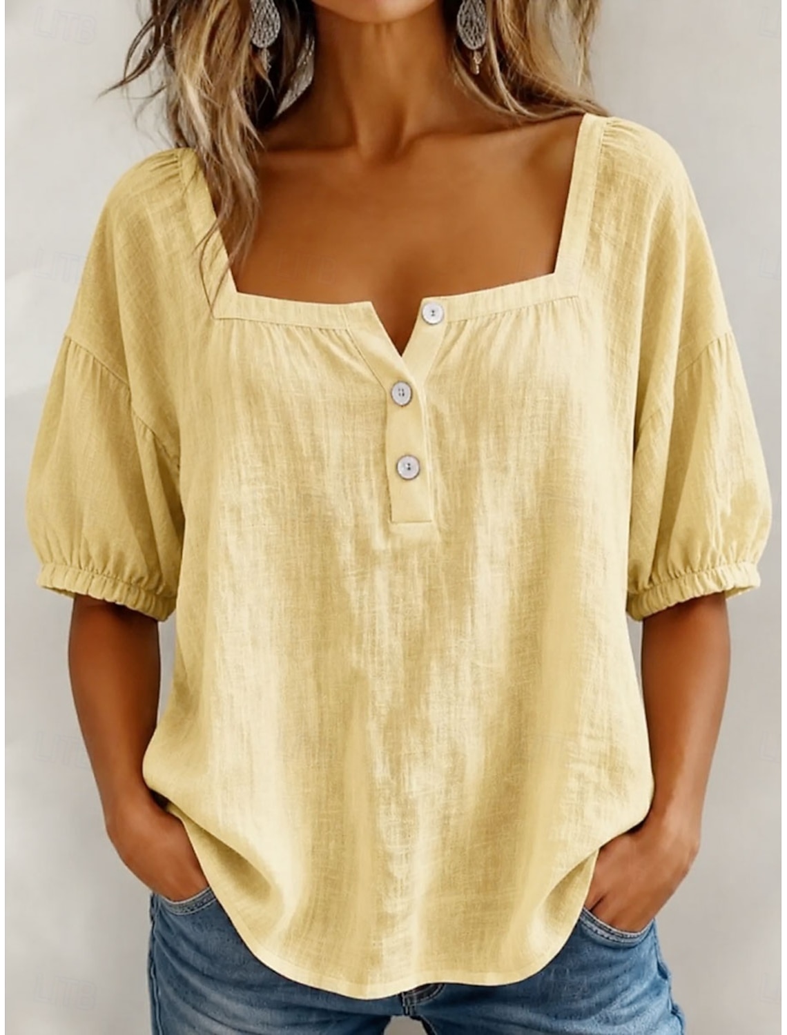 Women's Blouse Solid Color Daily Stylish Basic 3/4 Length Sleeve Square Neck Regular Tops Daily Blue Yellow Pink Summer Spring