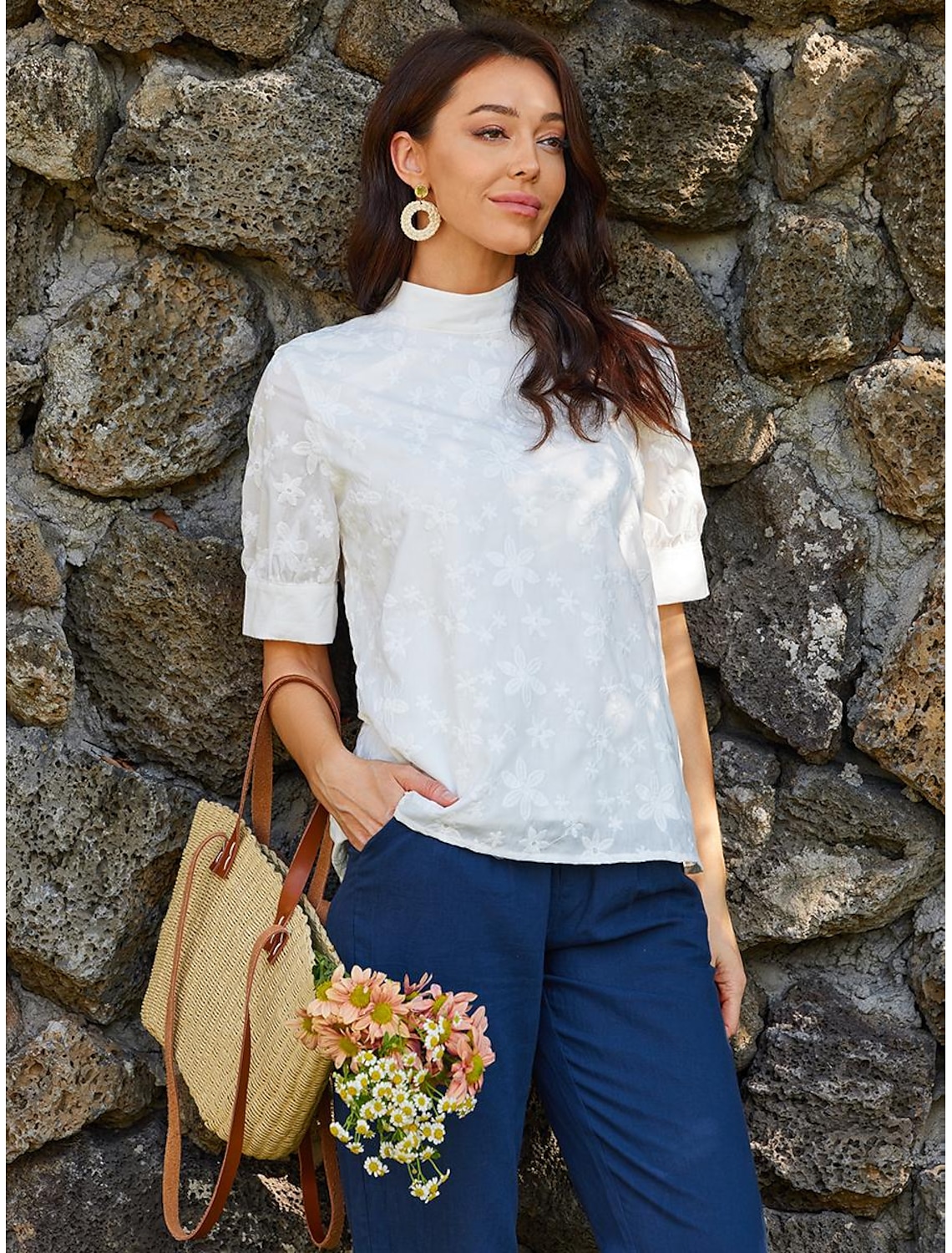 Women's Elegant Lace Tops Eyelet Blouse Turtleneck Dressy Tops Luxurious Floral Regular Tops Short Sleeve Embroidered Regular Fit Vacation Casual Romantic Petite Tops Summer Holiday Wear