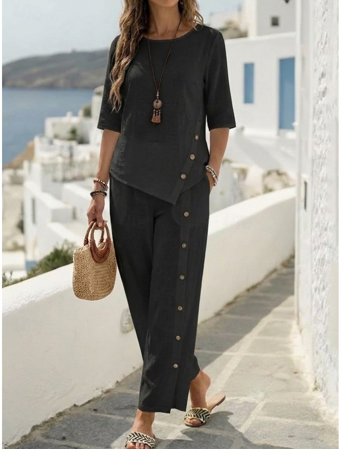 Women's Linen-feel Set Two Piece Sets Pants Sets Half Sleeve Crew Neck Plain Fashion Streetwear Casual Daily Outdoor Black White Green Spring & Summer Regular Fit Loose Fit