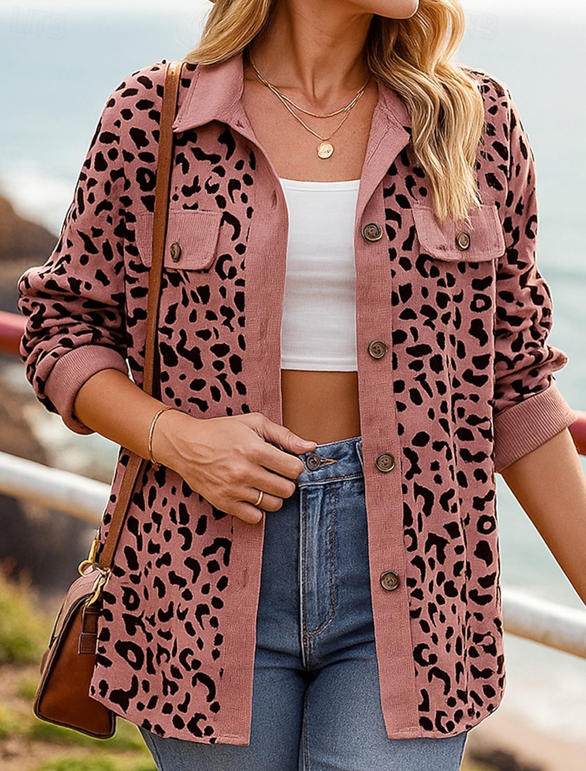 Women's Leopard Fall Outfits Shirts Jacket Coats Fall Buttons Long Sleeve Athleisure Fashion Outdoor Travel Pink Beige Coffee Sportswear Activewear