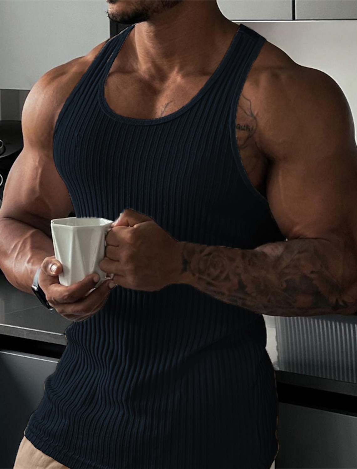 Men's Tank Top Rib Knit Wife beater Shirt Sleeveless Crew Neck Summer